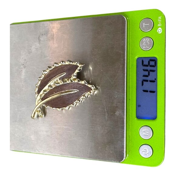 Vintage Exquisite Leaf Brooch Pin By Sarah Coventry Gold & Wood Accent Signed - Picture 6 of 6